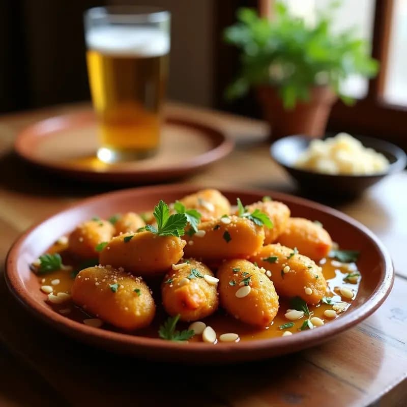 Plato de pepitorias de pollo con almendras y ajo fritas, doradas y crujientes, sobre un plato de cerámica blanca con toques rústicos, acompañadas de perejil fresco picado y un fondo de mesa de madera oscura. Tapa tradicional andaluza.
