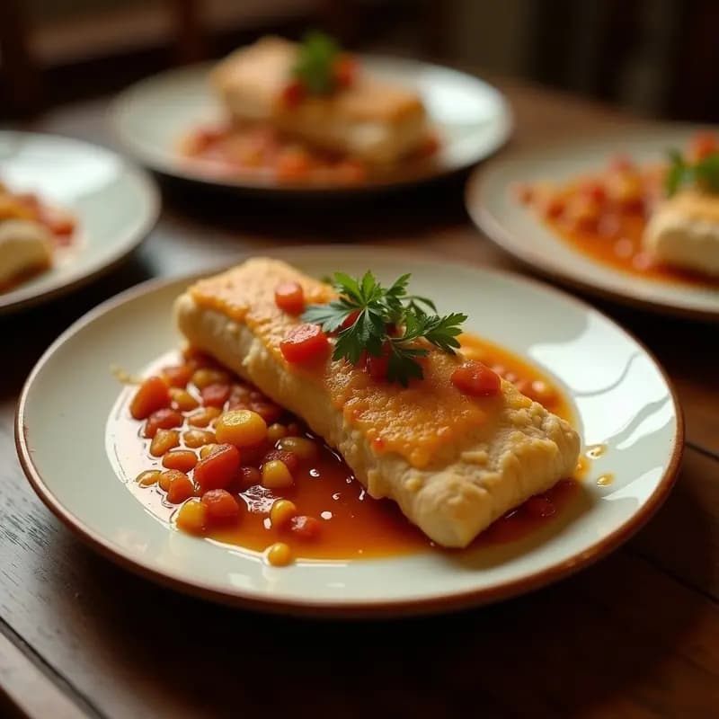 Fiambre andalusí de pepitorias de pollo con almendras y azafrán, cortado en porciones rectangulares sobre tabla de madera rústica. Superficie dorada con almendras tostadas y pasas visibles, acompañado de rodajas de naranja.