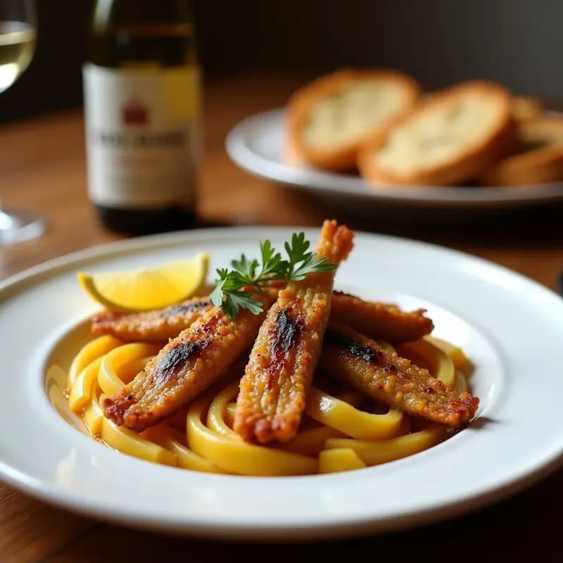 Plato rústico de barro con pepitorias de sardina doradas y crujientes, aperitivo andaluz tradicional rico en omega-3, servidas con limón y perejil fresco.