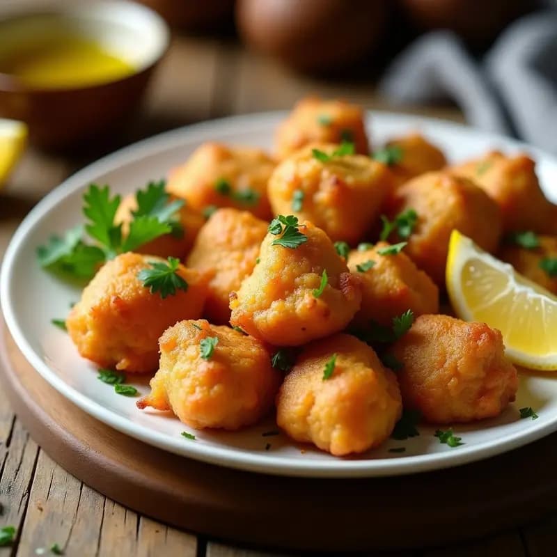 Plato blanco rústico con pepitorias de sardina doradas y crujientes, servidas con gajos de limón y perejil fresco. Receta murciana tradicional para aprovechar el pescado.