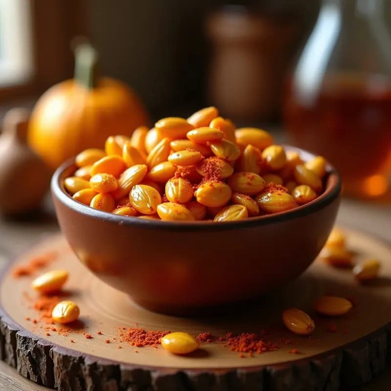 Cuenco de cerámica rústico lleno de pepitorias andaluzas, semillas de calabaza tostadas cubiertas de miel dorada y pimentón, servidas sobre una tabla de madera con fondo de luz cálida.