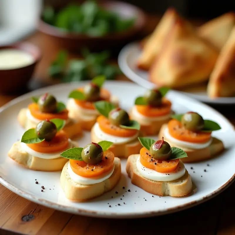 Pepitos de anchoas y pimiento dispuestos en una fuente de cerámica blanca, con triángulos de pan de molde coronados por tiroas de pimiento verde, filetes de anchoa, rodajas de huevo duro y aceitunas rellenas, decorados con perejil fresco.
