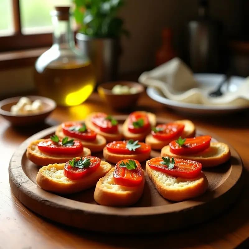 Plato rústico de madera con pepitos de anchoas y pimiento murcianos, pan tostado con filetes de anchoa, tiras de pimiento asado y perejil fresco, servidos para comer con las manos.