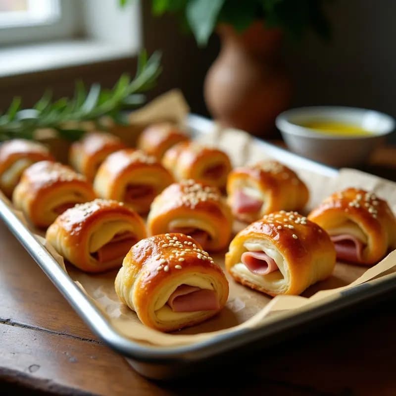 Bandeja de horno con pepitos de jamón y queso en hoja de presentation dorados y crujientes, servidos sobre papel de horno con semillas de sésamo espolvoreadas, aperitivo español elegante y rápido.