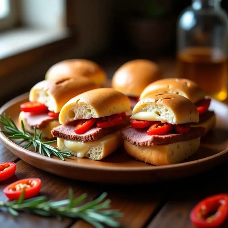 Pepitos de lomo con pimientos asados servidos en una tabla de madera, con pan dorado, lomo jugoso, pimientos rojos asados y queso fundido, típicos bocadillos españoles para meriendas.