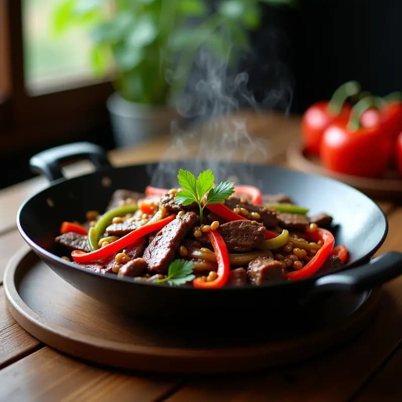 Wok humeante con trozos de ternera marronada, cebolla caramelizada dorada, pimientos verdes y rojos en rodajas, y salsa espesa brillante. Plato típico chino de pepper steak listo para servir.