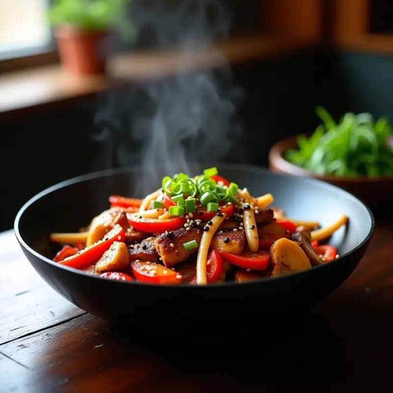 Wok negro humeante con Pepper Steak Chino vegano: tiras doradas de setas portobello salteadas con pimientos rojos en juliana, cebolla morada y brotes de soja, bañadas en una salsa oscura y brillante de ostra vegana. Espolvoreado con semillas de sésamo tostadas y decorado con rodajas finas de pimiento crudo sobre fondo de madera rústica.