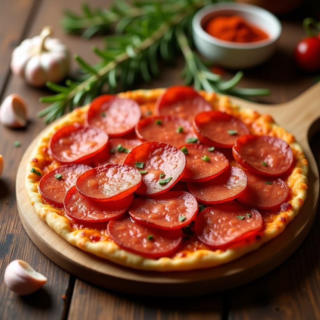 Rodajas doradas de pepperoni vegano de seitán y pimentón sobre tabla de madera rústica, con hierbas frescas y pimentón espolvoreado al fondo. Receta crujiente para pizza o bocadillos en Airfryer.