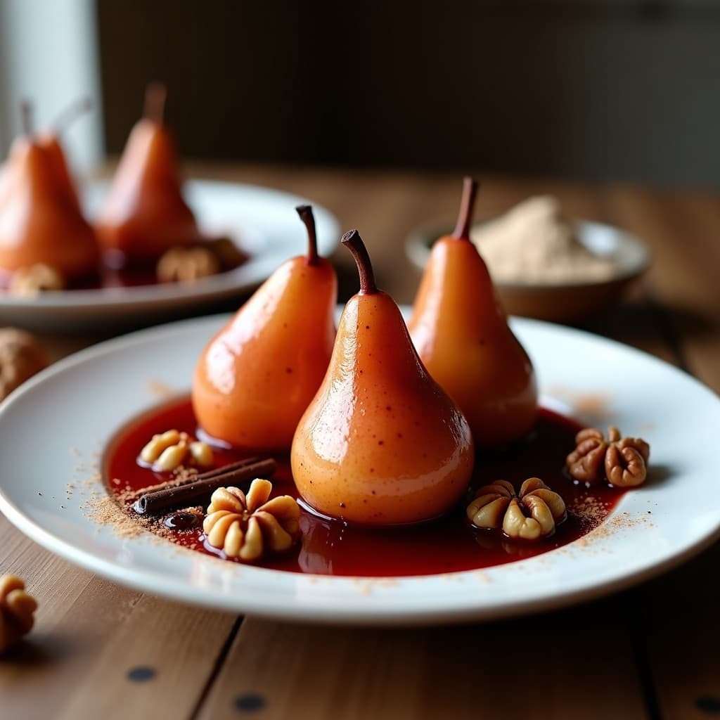 Postre keto de peras Williams al vino tinto con almíbar espeso y especias, decorado con nueces tostadas y canela en polvo, servido en plato blanco sobre fondo rústico de madera.