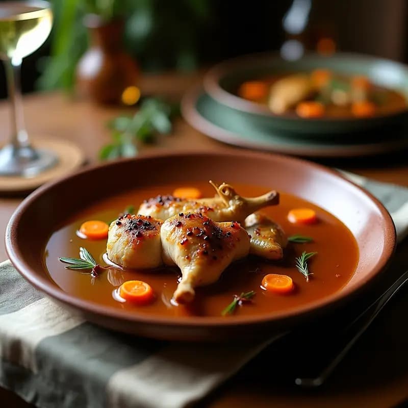 Perdiz escabechada en vinagre servida en plato de barro, con trozos dorados de carne bañados en un caldo ámbar con especias, acompañada de rodajas de cebolla y zanahoria. Receta tradicional de caza española con sabores intensos.