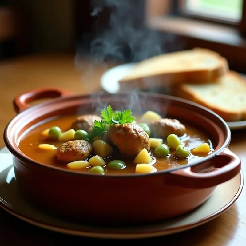 Cazuela de barro humeante con perol murciano: trozos de conejo dorado, alcachofas en cuartos y habas tiernas en un caldo espeso y aromático, decorado con perejil fresco. Plato tradicional huertano lleno de color y texturas.