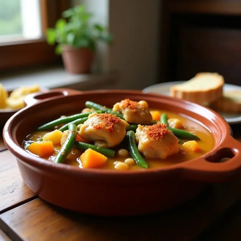 Cazuela de barro humeante con perol de pollo y verduras: muslos de pollo dorados, trozos de calabaza, patatas, judías verdes y pimiento rojo, acompañados de huevos duros cortados por la mitad. Plato tradicional valenciano con un toque rústico y casero.