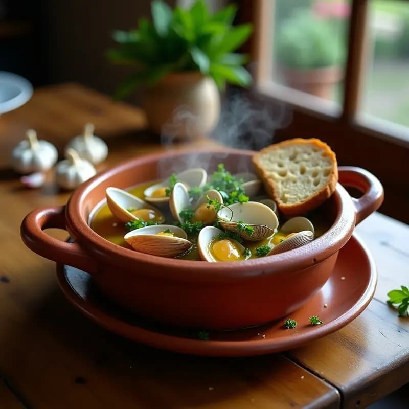 Cazuela de barro humeante con almejas al vapor Perolas a la Llauna, ajo, perejil y vino blanco, servidas con pan rústico para mojar.