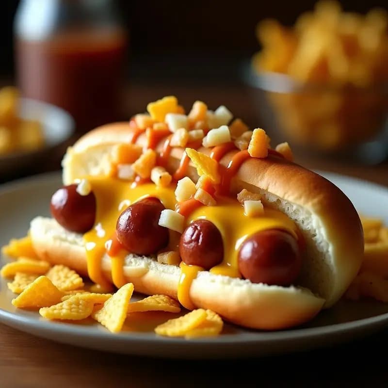Perrito caliente abierto con tres salchichas tipo Frankfurt, cubierto de nachos triturados dorados y queso líquido fundido burbujeante, servido en pan largo con cebolla salteada y salsa barbacoa al fondo. Receta de perrito caliente de 3 salchichas con nachos y queso líquido.