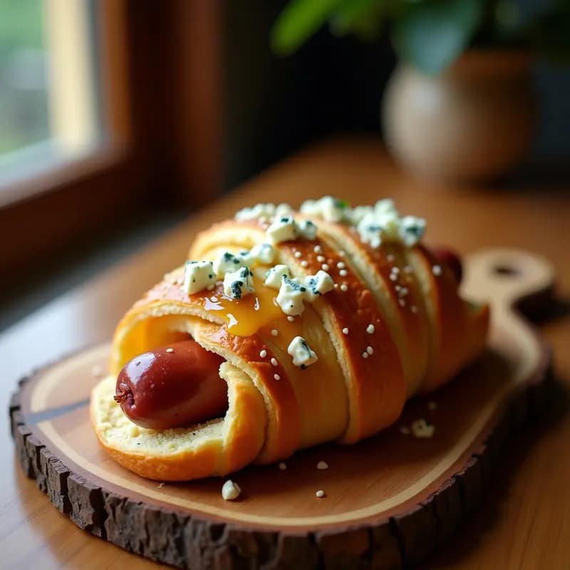 Perrito caliente de salchicha Frankfurt embutida en masa de croissant dorada, relleno de queso azul desmenuzado y bañado en miel espesa, servido en bandeja rústica de madera con semillas de sésamo visibles.