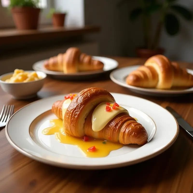 Perrito caliente de croissant dorado relleno de salchicha Frankfurt, queso azul derretido y caramelo salado brillo, fusión francesa-alemana en plato rústico de madera.