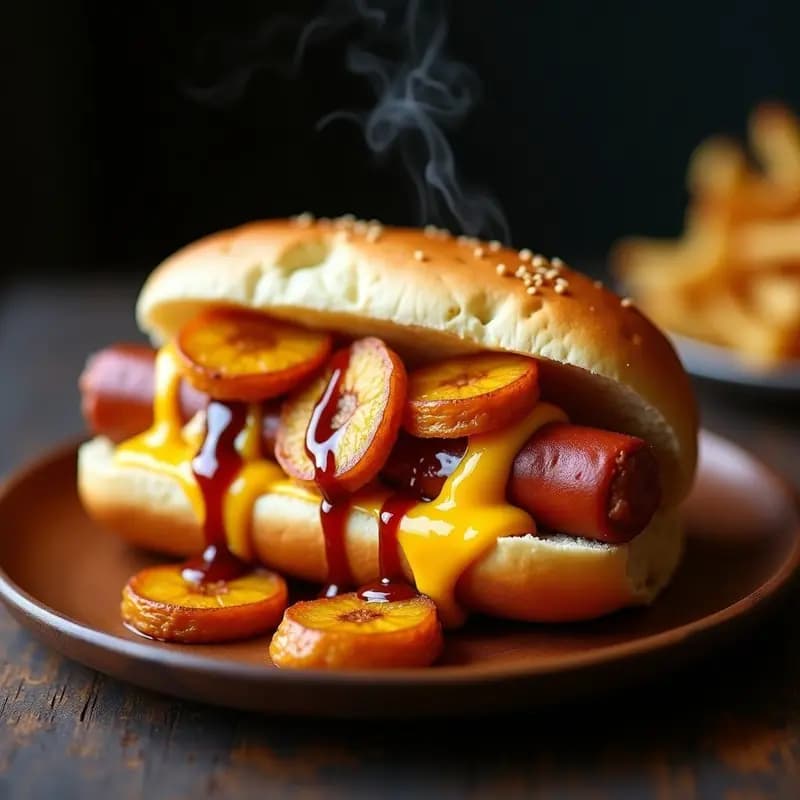 Perrito caliente cubano con pan brioche tostado, salchicha frankfurt gigante cubierta de queso cheddar y mozzarella fundido burbujeante, rodajas de plátano maduro frito dorado y crujiente, bañado en salsa barbacoa y mostaza dulce, servido en plato rústico.