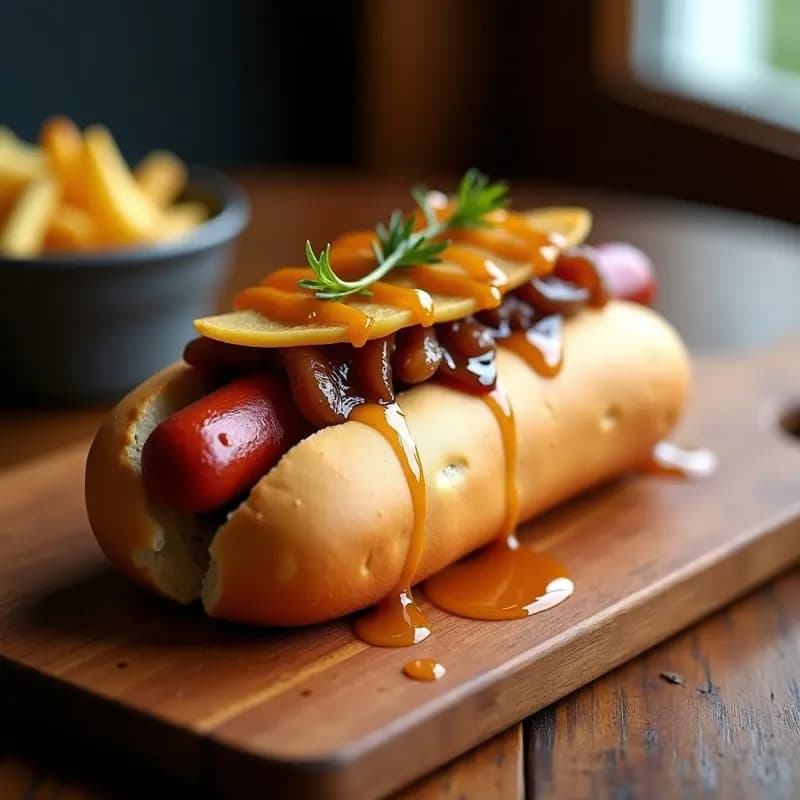 Perrito caliente de foie gras con caramelo de cebolla y reducción de oporto en pan brioche dorado, gratinado con queso gruyère y mostaza Dijón, servido en tabla de madera con fondo borroso.