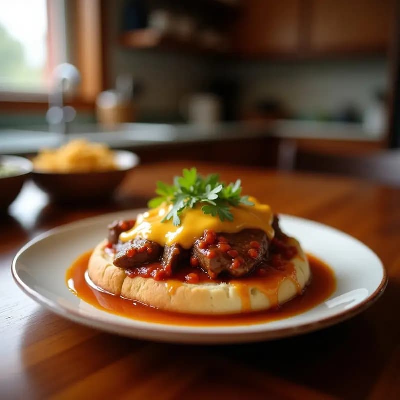 Perrito caliente gigante en pan brioche dorado, relleno de salchicha frankfurt enorme, queso cheddar derretido formando hilos, chucrut frito crujiente y salsa barbacoa espesa, con cebolla morada caramelizada. Plato de cheat-meal alemán hipercalórico.