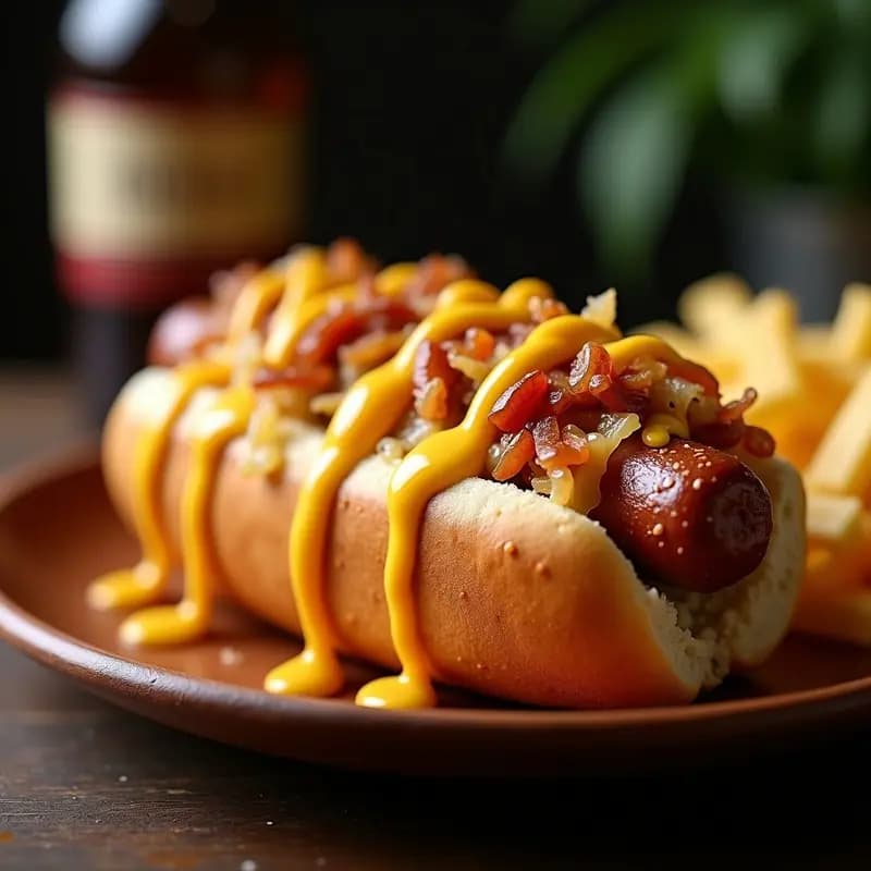 Perrito caliente gigante abierto mostrando salchicha dorada, chucrut con cebolla morada, queso cheddar derretido gratinado y salsa de mostaza y miel picante brillante, sobre fondo de madera rústica. Receta alemana hipercalórica.