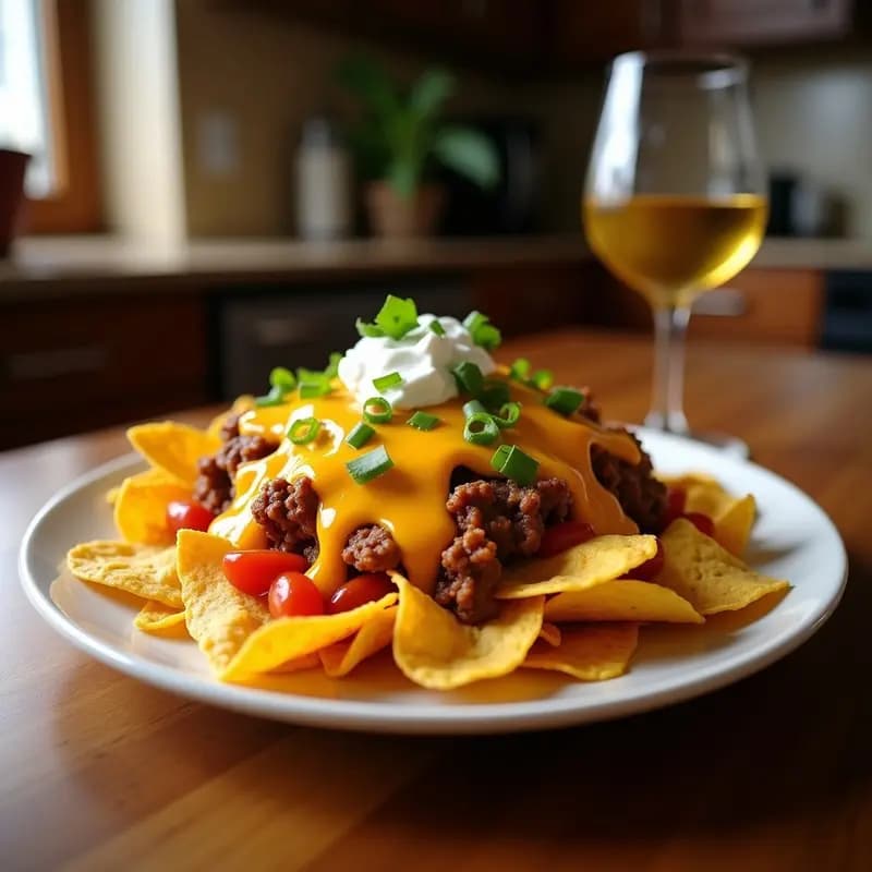 Perrito caliente gigante en pan dorado relleno de salchicha frita empanizada, queso cheddar derretido estirándose, nachos de maíz por encima, salsa barbacoa y jalapeños en escabeche, servido en tabla de madera con más nachos alrededor.