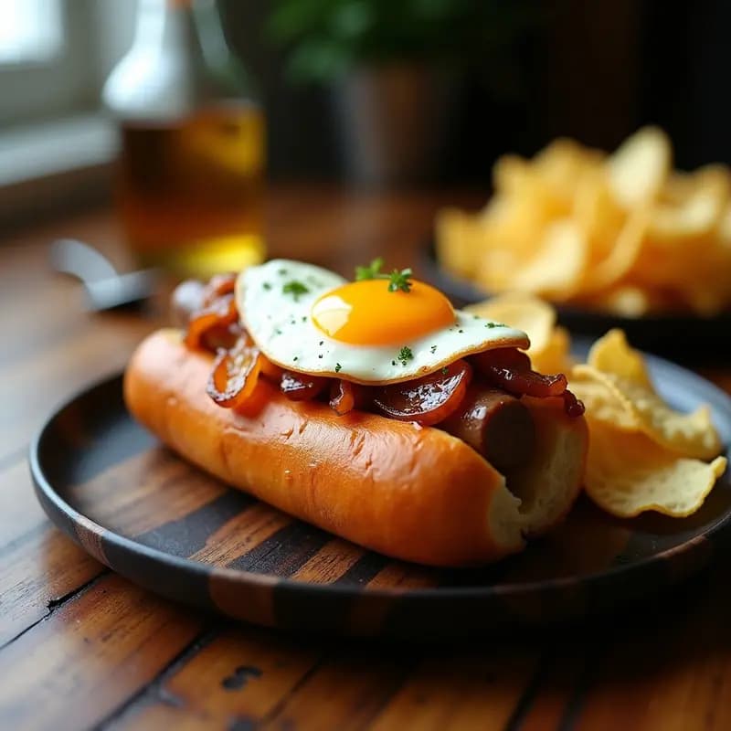 Perrito caliente en pan de brioche dorado relleno de salchicha de foie gras, salsa de trufa negra, cebolla caramelizada y queso fundido, servido en plato rústico con patatas fritas de fondo.