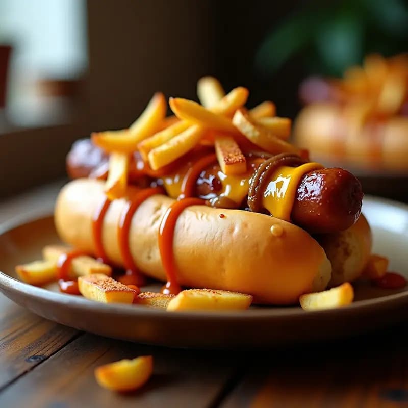 Perro caliente abierto con pan de brioche dorado, salchicha Frankfurt jugosa, queso Gouda fundido colgando, patatas crujientes doradas encima, salsa barbacoa y cebolla morada caramelizada, servido en plato rústico de madera.