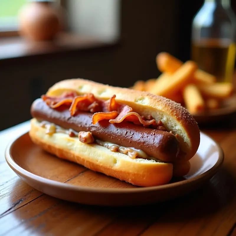 Perro caliente con pan de churros dorados y espolvoreados con azúcar y canela, relleno de Nutella cremosa, salchicha Frankfurt y trozos de bacon crujiente, servido en plato rústico con fondo borroso.