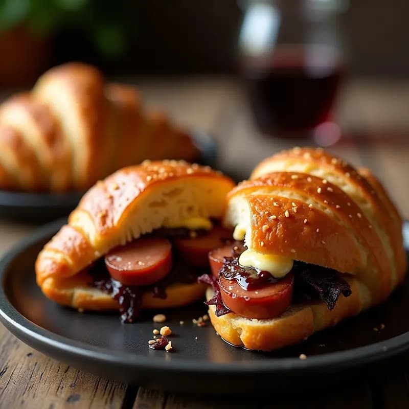 Perro caliente de croissant dorado relleno de salchicha Frankfurt, foie gras cremoso, cebolla morada caramelizada y láminas de trufa negra, servido en plato rústico con salsa perigord.