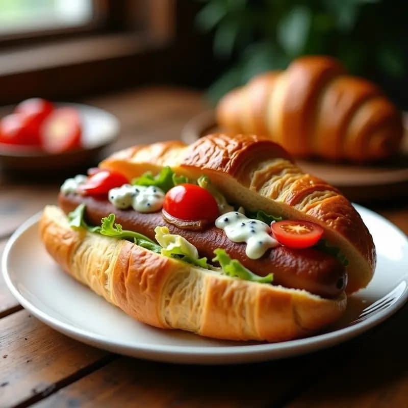 Perro caliente gourmet abierto mostrando un croissant dorado relleno de salchicha ahumada, salsa cremosa de queso azul, cebolla morada y lechuga fresca, servido en plato blanco con fondo de madera rústica.