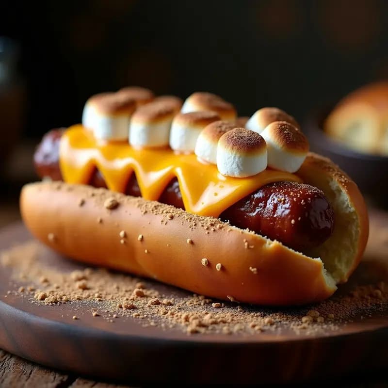 Perro caliente con pan de chocolate abierto mostrando una salchicha Bratwurst jugosa, queso cheddar derretido y marshmallows dorados y esponjosos. El pan tiene un toque crujiente y brillante por el azúcar glas. Plato servido en bandeja de madera con fondo desenfocado.