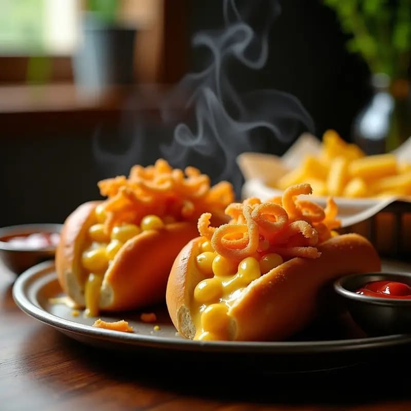 Perros calientes en pan blando rellenos de salchicha Frankfurt, bañados en salsa mac n’ cheese cremosa con queso fundido, coronados con cebolla frita dorada y crujiente, acompañados de ketchup y mostaza dulce en un plato rústico.