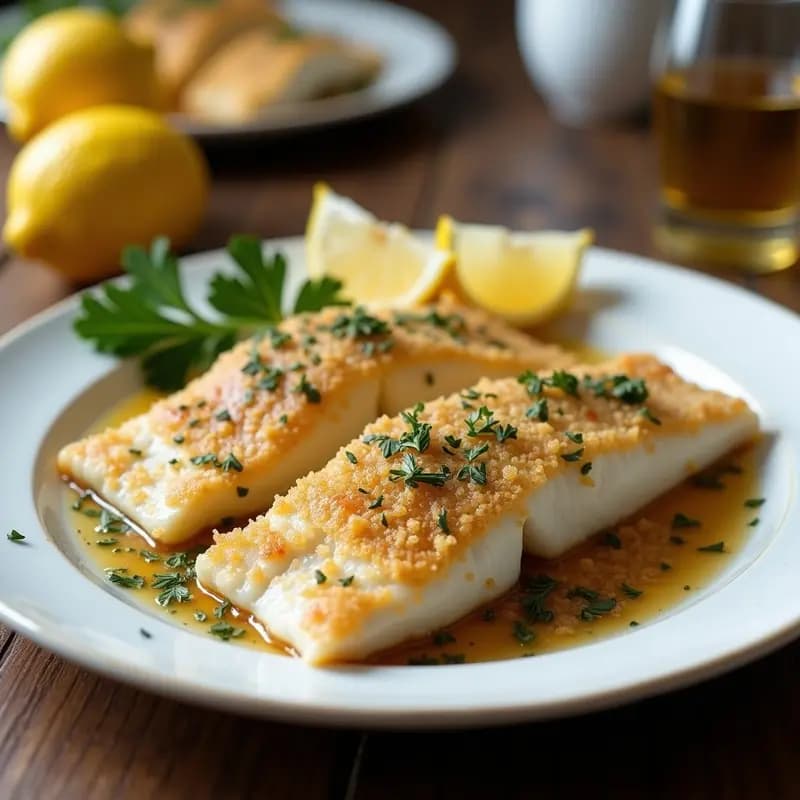 Filetes de merluza horneados con costra dorada de sal gruesa y hierbas provenzales, servidos en bandeja rústica con rodajas de limón y perejil fresco, receta tradicional de la Costa Brava sin aceite.