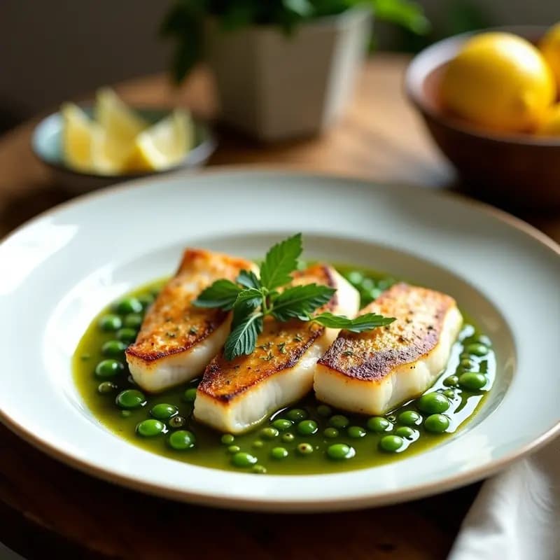 Plato blanco con filetes de merluza dorados sobre una salsa verde vibrante con espárragos trigueros y guisantes, decorado con hierbas frescas. Receta española de Pescado a la Verde con Espárragos y Guisantes.