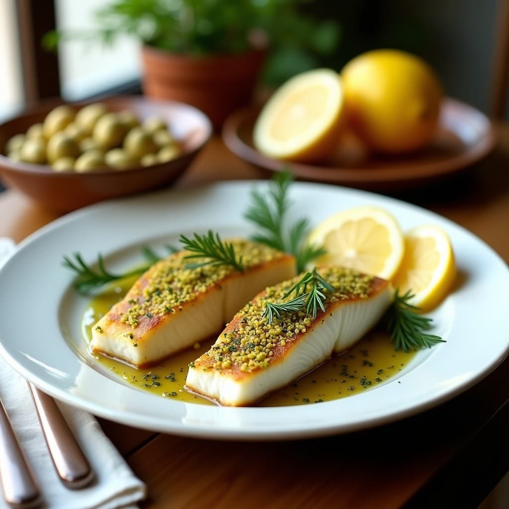 Filetes de pescado blanco dorados con una costra crujiente de pistacho, servidos en un plato blanco con rodajas de limón y eneldo fresco. Receta griega de Pescado Blanco al Limón con Costra de Pistacho en Airfryer.