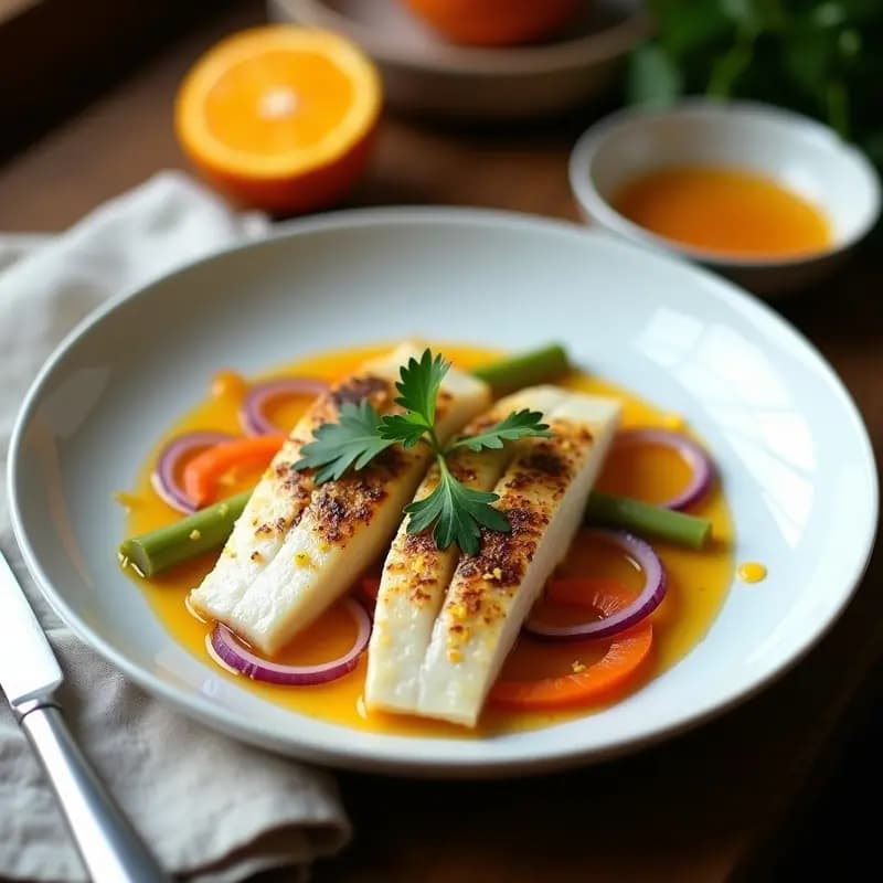Plato de pescado en escabeche de cítricos con filetes de lubina marinado en vinagreta de naranja, acompañados de cebolla morada, zanahoria y apio en bastones, sobre una fuente blanca rústica.
