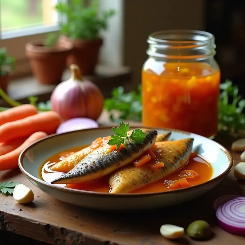 Recipiente de cristal transparente con filetes de merluza en escabeche andaluz, cubiertos de líquido dorado con especias, cebolla morada y zanahoria. Acompañado de perejil fresco y rodajas de limón sobre una mesa rústica de madera.