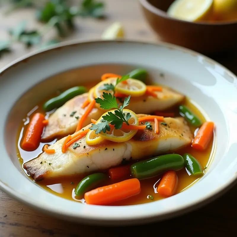 Plato hondo de barro con filetes de merluza en escabeche, cubiertos de rodajas de zanahoria, tiras de pimiento rojo y verde, y cebolla morada. Bañado en un líquido dorado de vinagre y aceite de oliva, decorado con hojas de laurel y pimienta negra. Receta tradicional española de mercado de pescado en escabeche con zanahoria y pimiento.