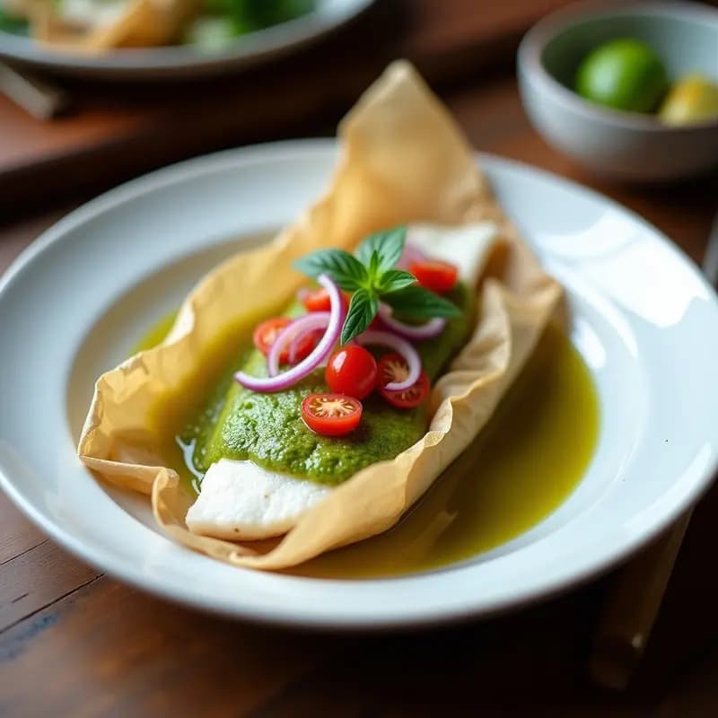 Filete de corvina cocinado en papillote, abierto para mostrar su textura jugosa, bañado en una salsa verde vibrante de huacatay, acompañado de cebolla morada y tomate. Plato de cerámica blanca sobre fondo rústico de madera, con hojas de huacatay como decoración.
