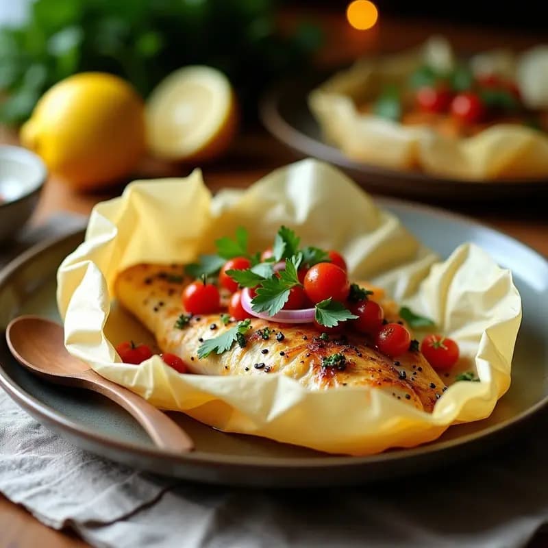Pescado al hornito con ají limón servido en papillote abierto, con filetes de corvina jugosos, cebolla morada, tomates cherry y hierbas frescas, sobre un mantel rústico de lino. Receta peruana en papillote con toque cítrico.