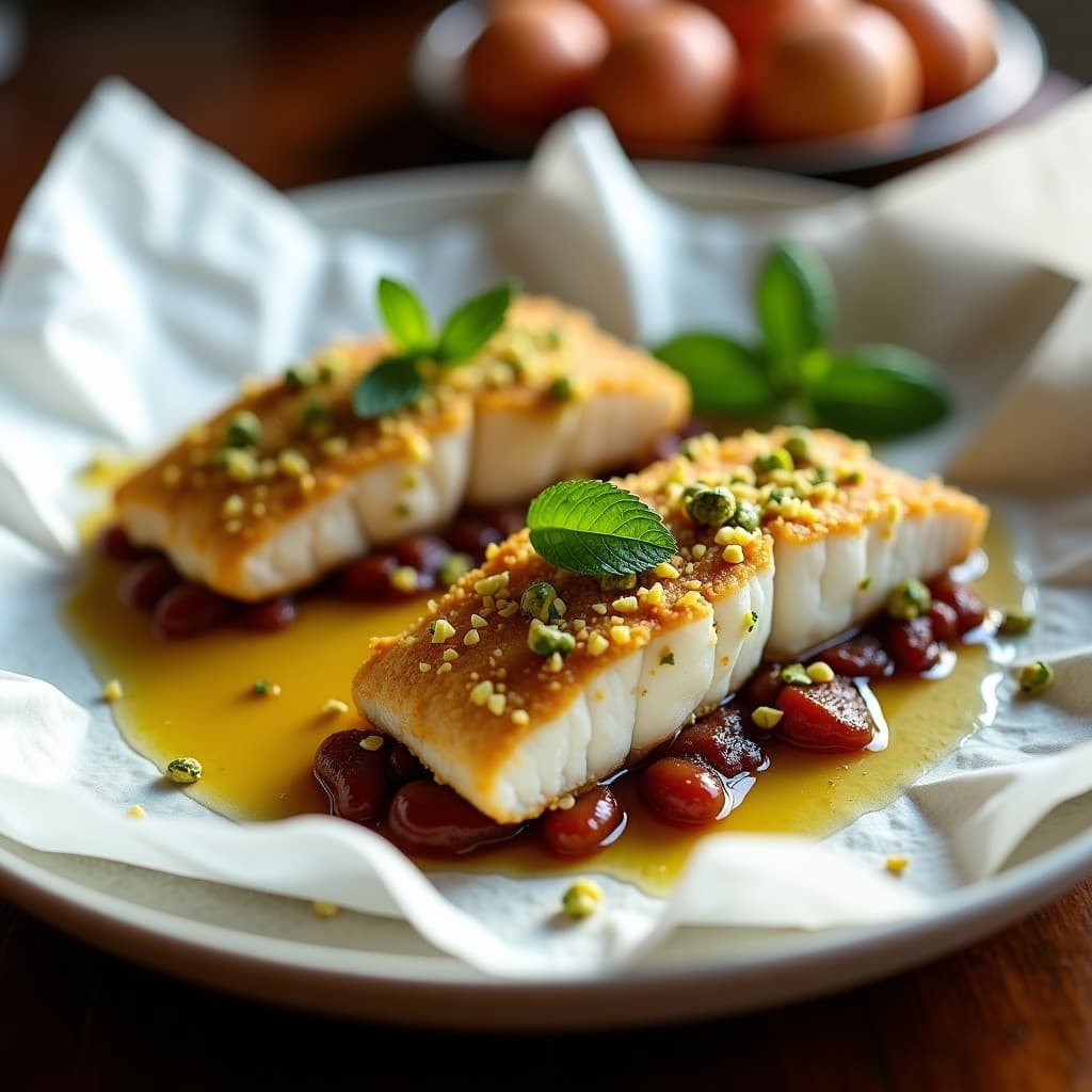 Filete de merluza al horno con costra dorada de pistacho picado y mermelada de higos brillante, decorado con hojas de menta fresca sobre bandeja rústica de madera. Receta griega de pescado al horno con costra de pistacho y mermelada de higos.