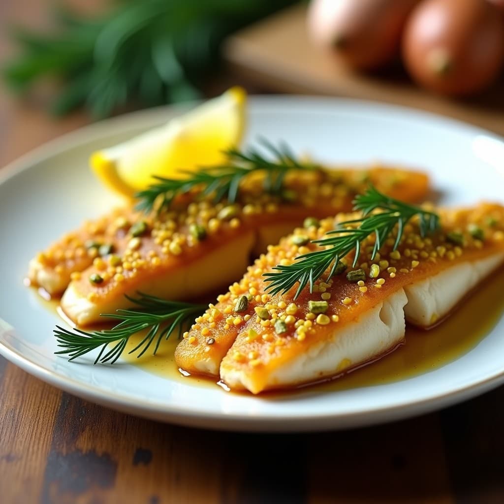 Filetes de merluza dorados con costra crujiente de pistacho y miel, cocinados en airfryer, servidos en plato blanco con decoración de eneldo fresco y rodajas de limón.