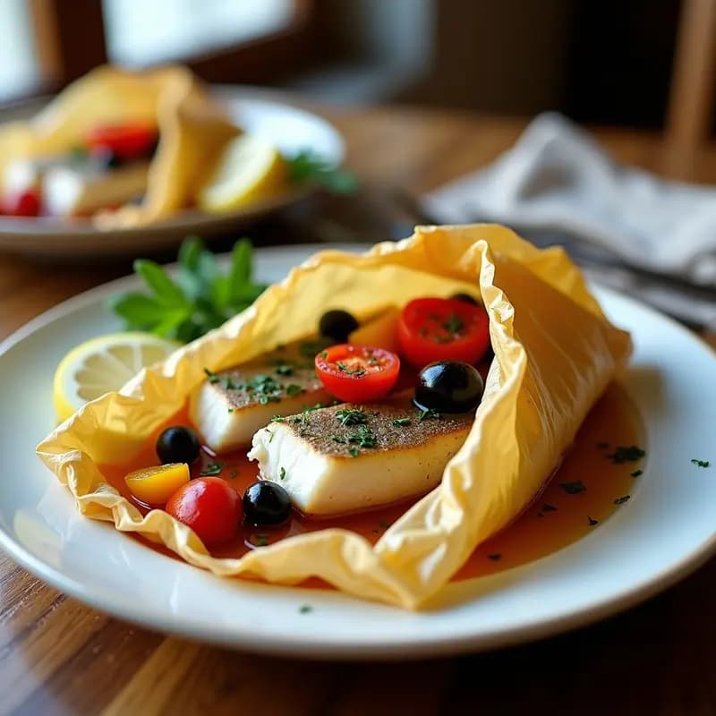 Pescado blanco al horno en papillote abierto, rodeado de pimientos rojos y amarillos asados, tomates cherry dorados, cebolla morada y hierbas frescas, servido sobre papel de horno rústico con jugos aromáticos.