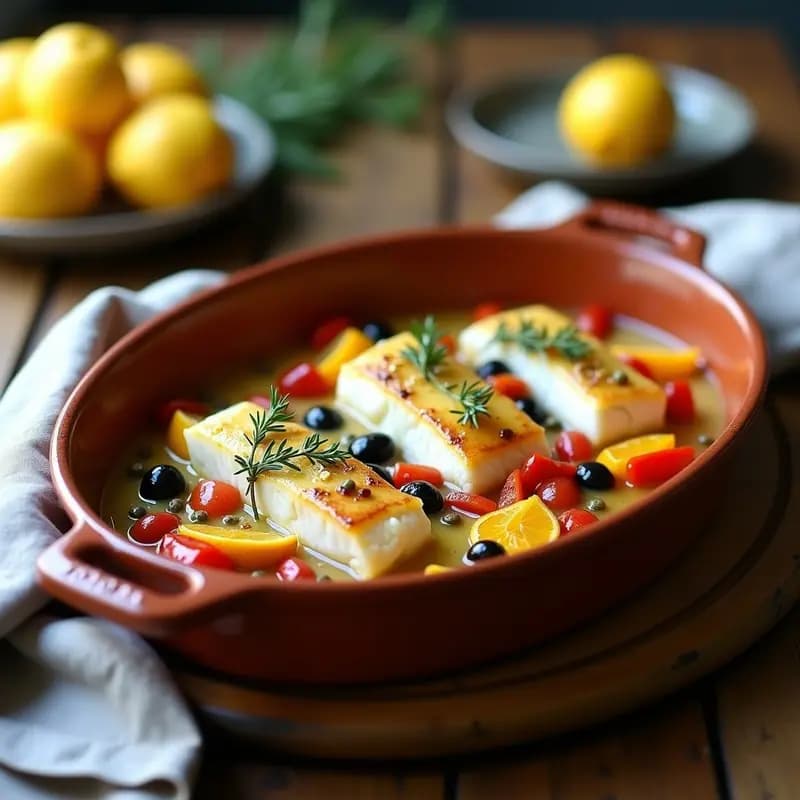 Filetes de merluza al horno bañados en una salsa dorada de cítricos y hierbas provenzales, acompañados de cebolla morada, pimiento rojo, aceitunas y alcaparras. Plato francés sin gluten servido en fuente de barro rústica con gajos de limón y naranja como decoración.