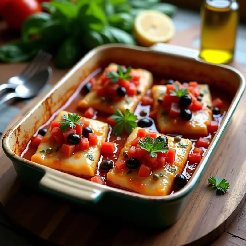 Filetes de merluza al horno en bandeja rústica, cubiertos con una salsa espesa de tomate, aceitunas negras y alcaparras, decorados con perejil fresco y un hilo de aceite de oliva. Plato mediterráneo keto listo para servir.