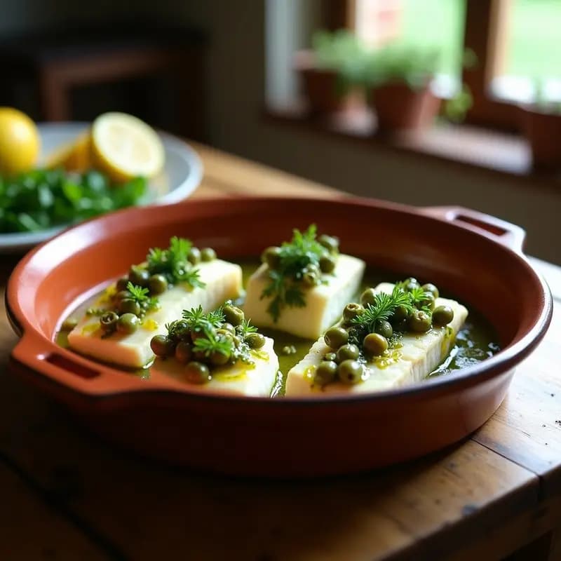 Filetes de merluza al horno cubiertos con una salsa verde vibrantemente verde con trozos de aceitunas Taggiasche, servidos en una bandeja de barro rústica con rodajas de limón y perejil fresco. Receta italiana baja en calorías.