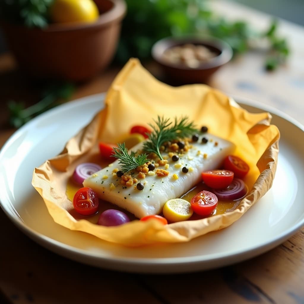 Filetes de lubina al papillote con limón confitado y alcaparras, horneados en papel de horno abierto, mostrando el pescado tierno rodeado de tomates cherry, cebolla morada y hinojo, con un toque de eneldo fresco.