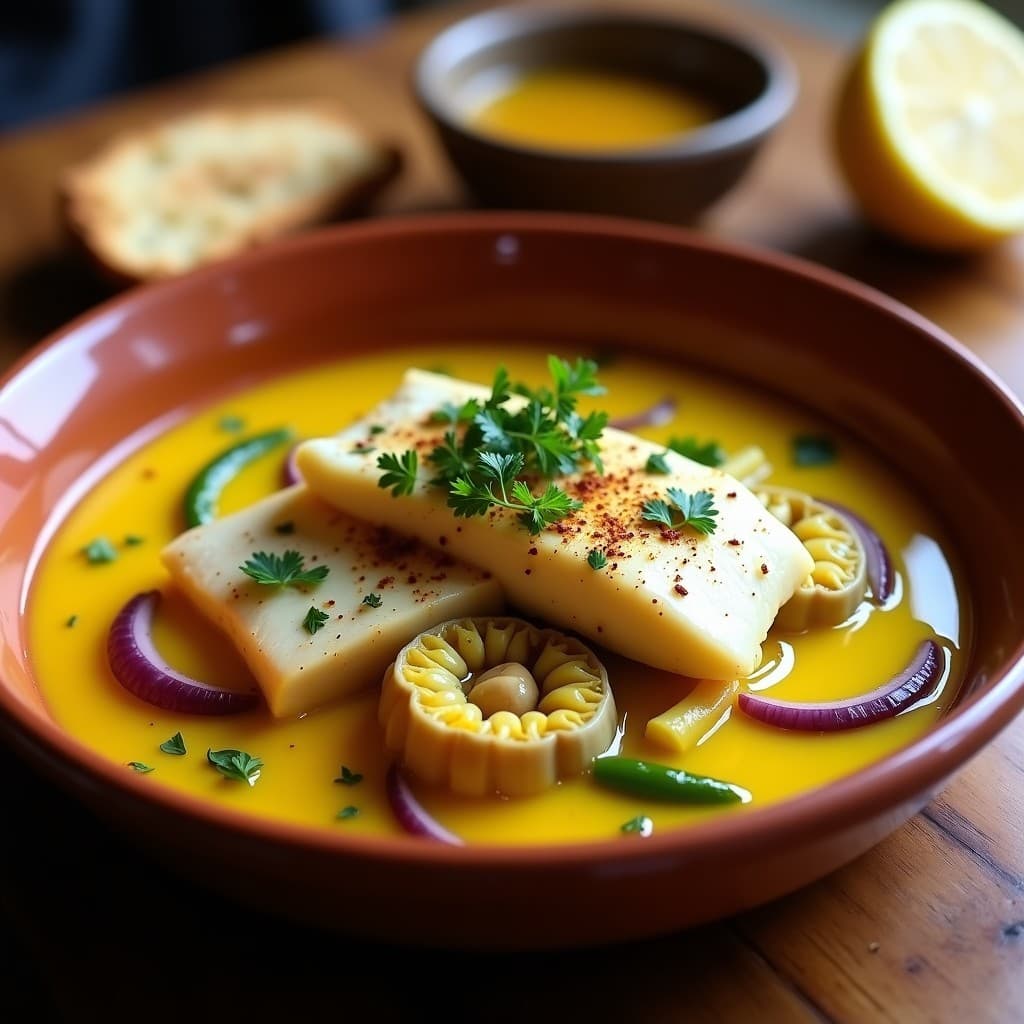 Plato hondo de barro con filetes de merluza al paporrot bañados en salsa dorada con azafrán, alcachofas baby y perifollo fresco. Receta española de pescado blanco con azafrán y alcachofas en olla express.