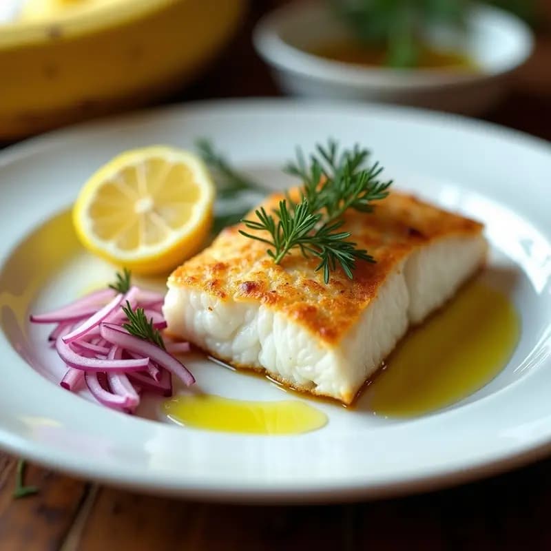Filetes de lubina cocinados a la sal con costra dorada, servidos en plato blanco con rodajas de limón, cebolla morada en juliana y eneldo fresco. Fondo rústico con hoja de plátano.
