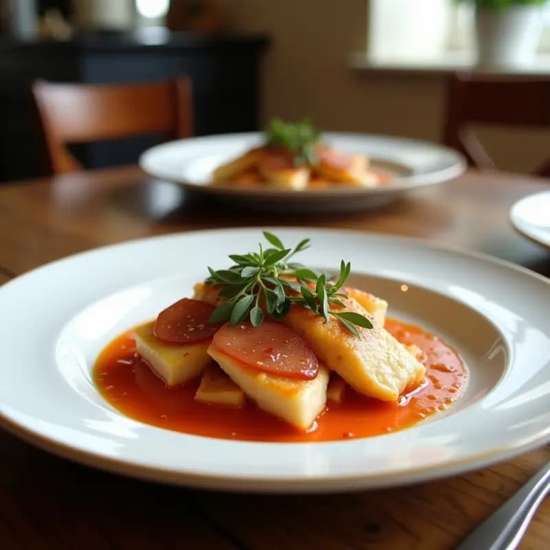 Filete de lubina dorado a la sartén con lonchas de jamón serrano y hojas de salvia tostada, bañado en una salsa cremosa de vino blanco y mantequilla, servido en plato blanco de porcelana con decoración de limón rallado.
